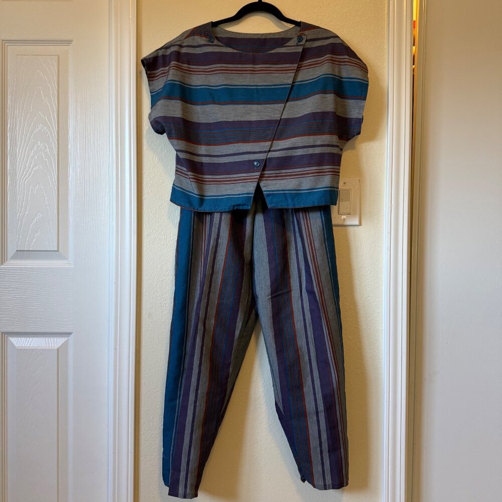 Vintage 70's Seneca New York Striped Two-Piece Set With Button Top & Pants Sz M